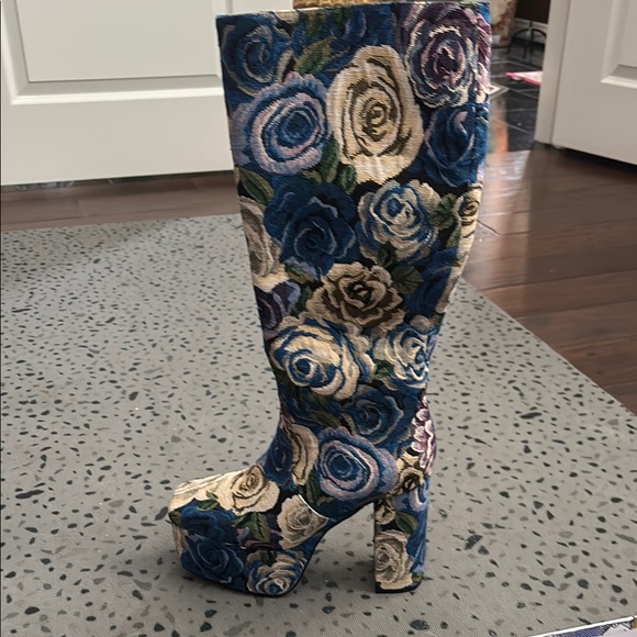 Jeffrey Campbell Shoes - Jeffrey Campbell Canvas Blue Cream Platform Boots with Floral Design